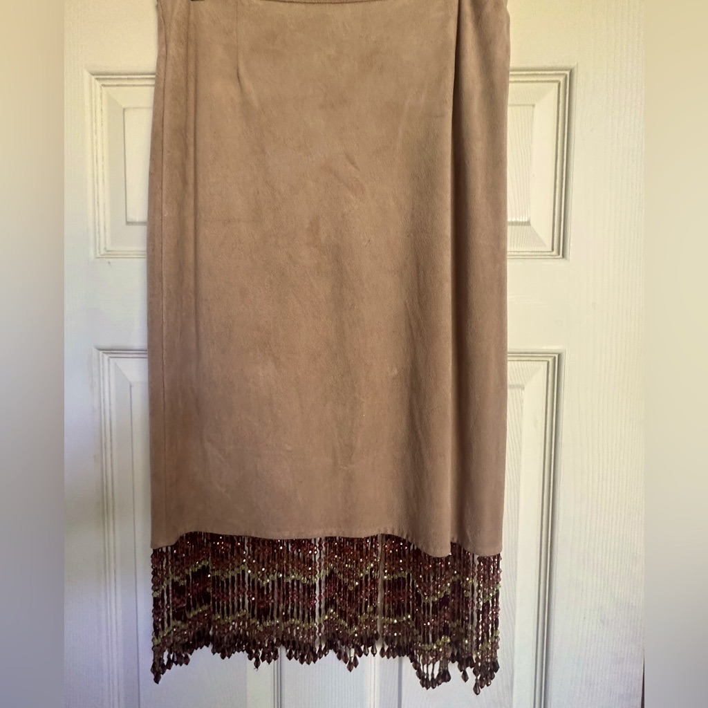 Faux Suede Skirt With Chevron Beaded Fringe